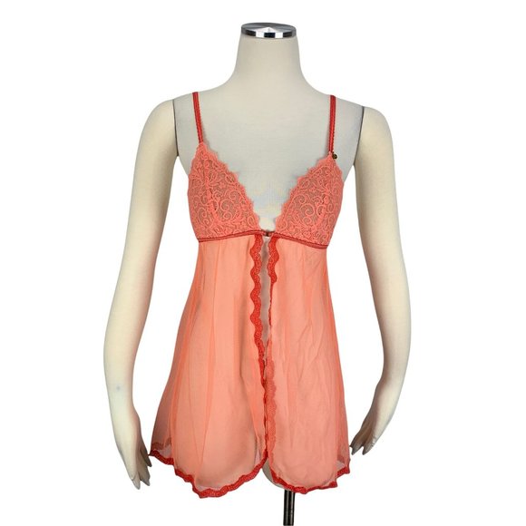 Victoria's Secret Small Nightie Chemise Lace Very Sexy See Through Peach Red - Picture 1 of 6